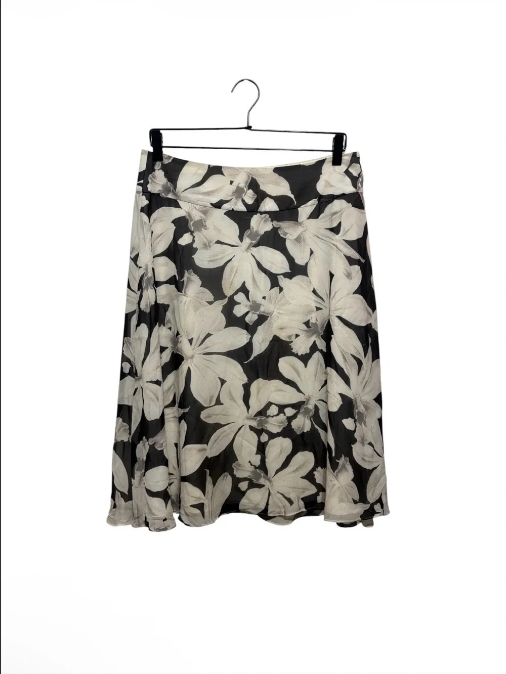 100% Silk Black and White Floral A-Line Skirt